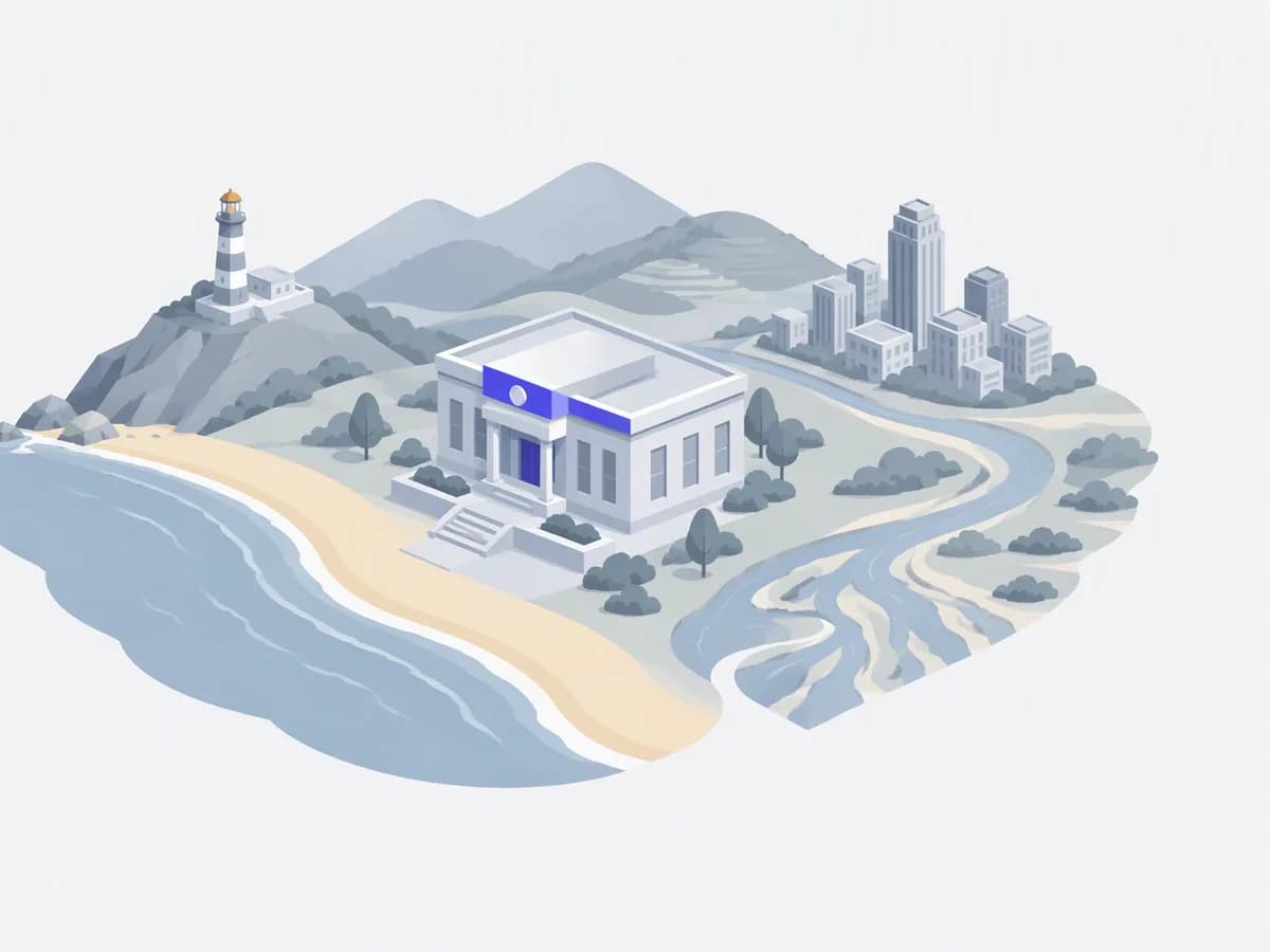 Isometric illustration for andhra pradesh: a registration office with homes beside a coast with a lighthouse, green hills and paddy fields