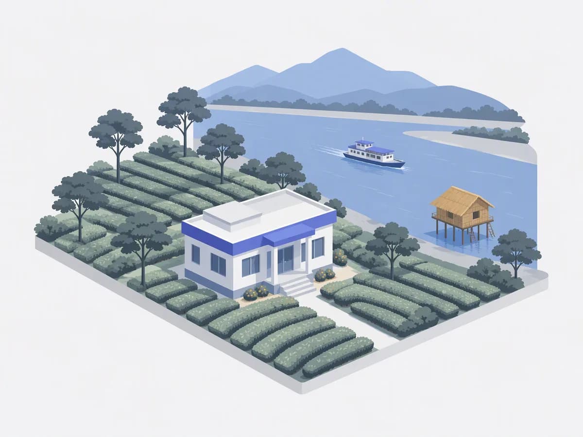 Isometric illustration for assam: a registration office with homes beside rolling tea gardens, a stilt house and a wide river with a ferry