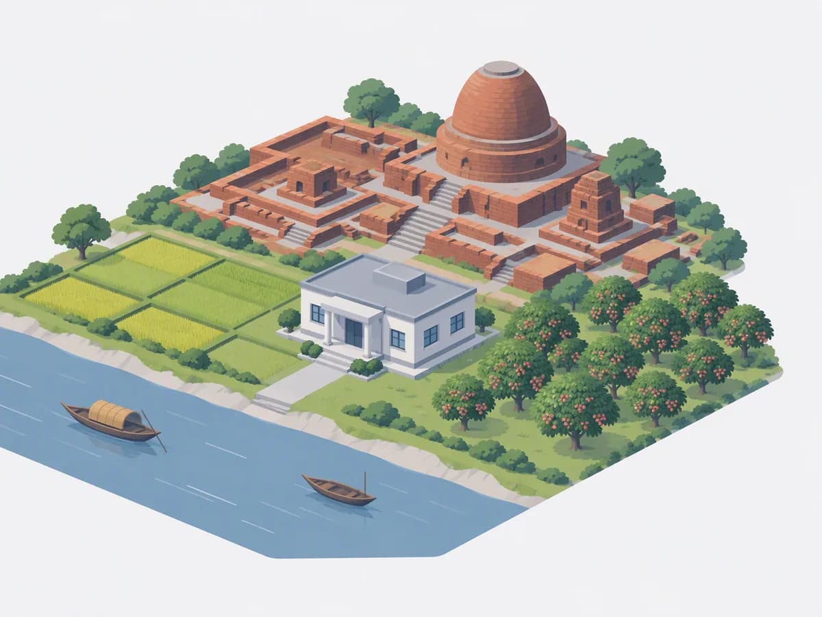 Isometric illustration for bihar: a registration office with homes beside red-brick monastery ruins, a bell-shaped stupa and a wide river with boats