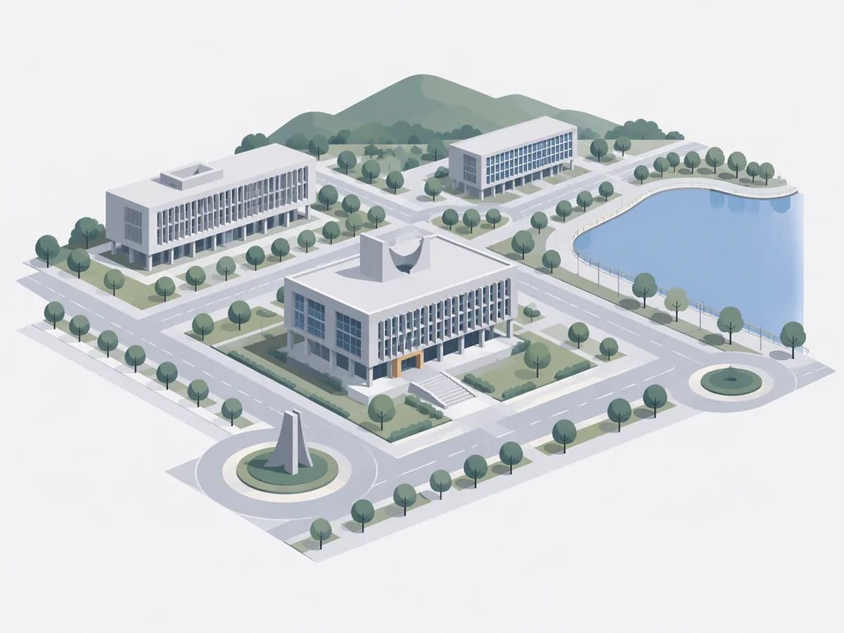 Isometric illustration for chandigarh: a registration office with homes beside modernist concrete buildings, tree-lined avenues and a calm lake