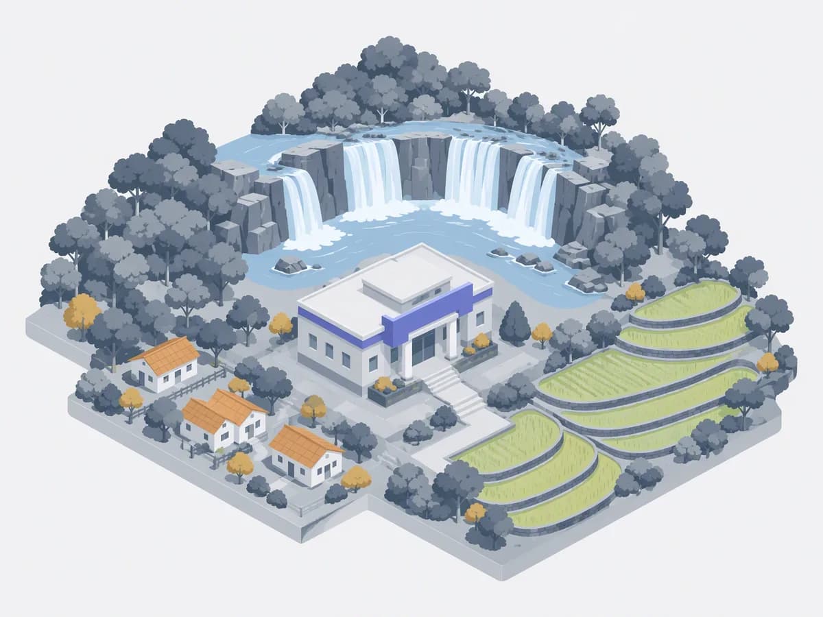 Isometric illustration for chhattisgarh: a registration office with tiled homes beside paddy fields, a sal forest and a wide horseshoe waterfall