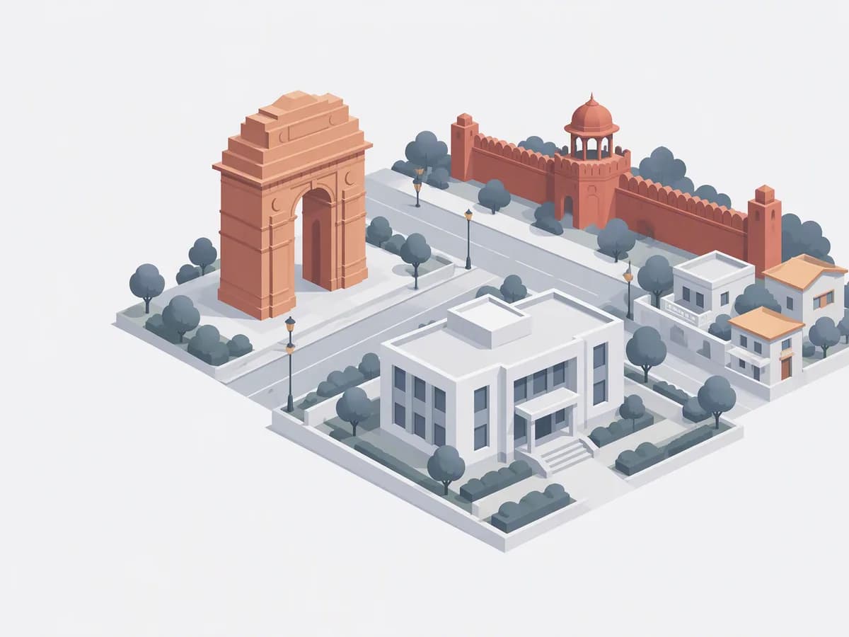 Isometric illustration for delhi: a registration office with homes beside a grand arch gate, a red sandstone fort wall and wide avenue