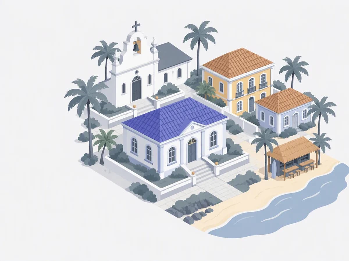 Isometric illustration for goa: a registration office with pastel Portuguese-style villas, a whitewashed church, palms and a beach