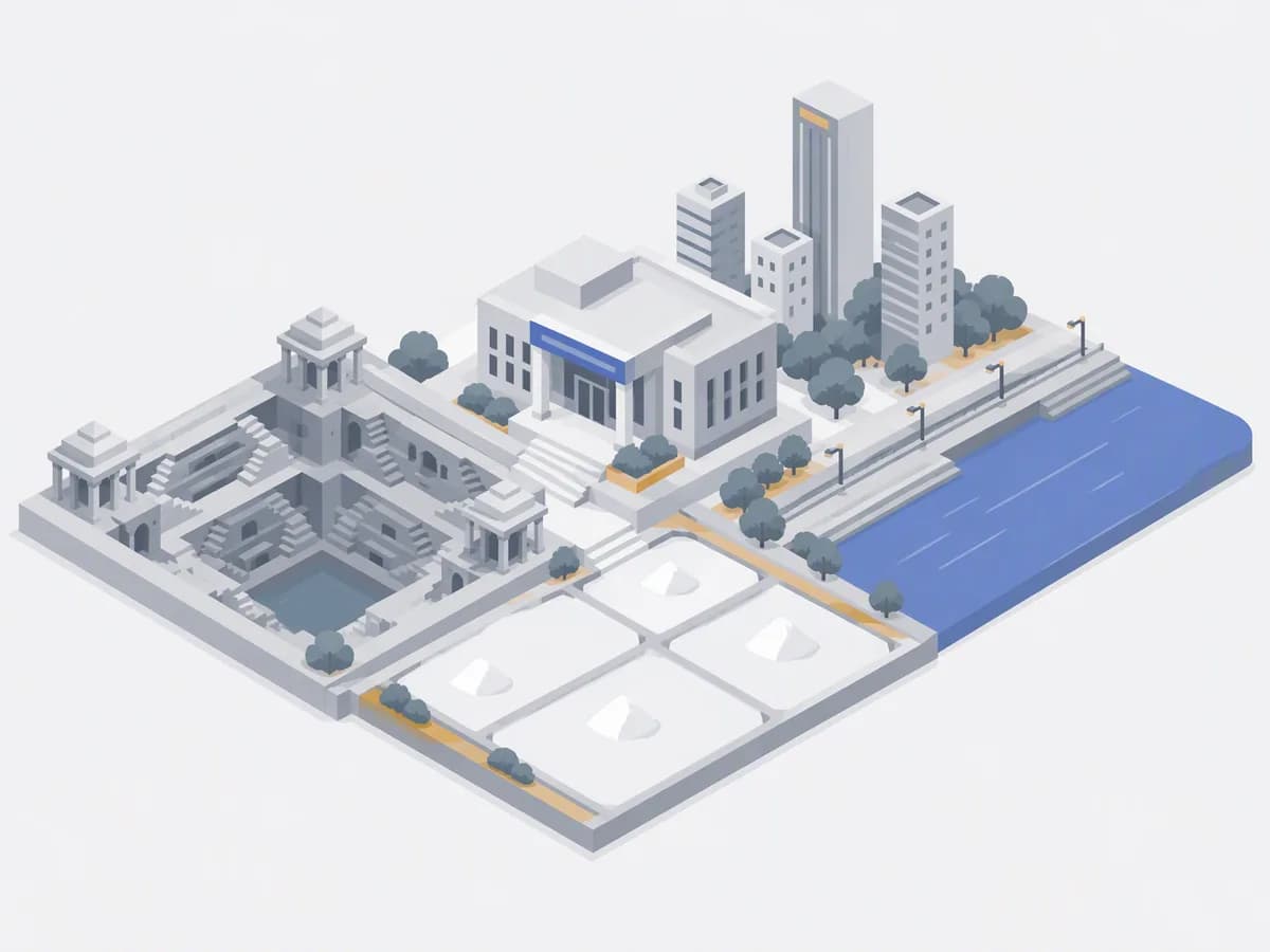 Isometric illustration for gujarat: a registration office with homes beside a geometric stepwell, white salt flats and a modern riverfront