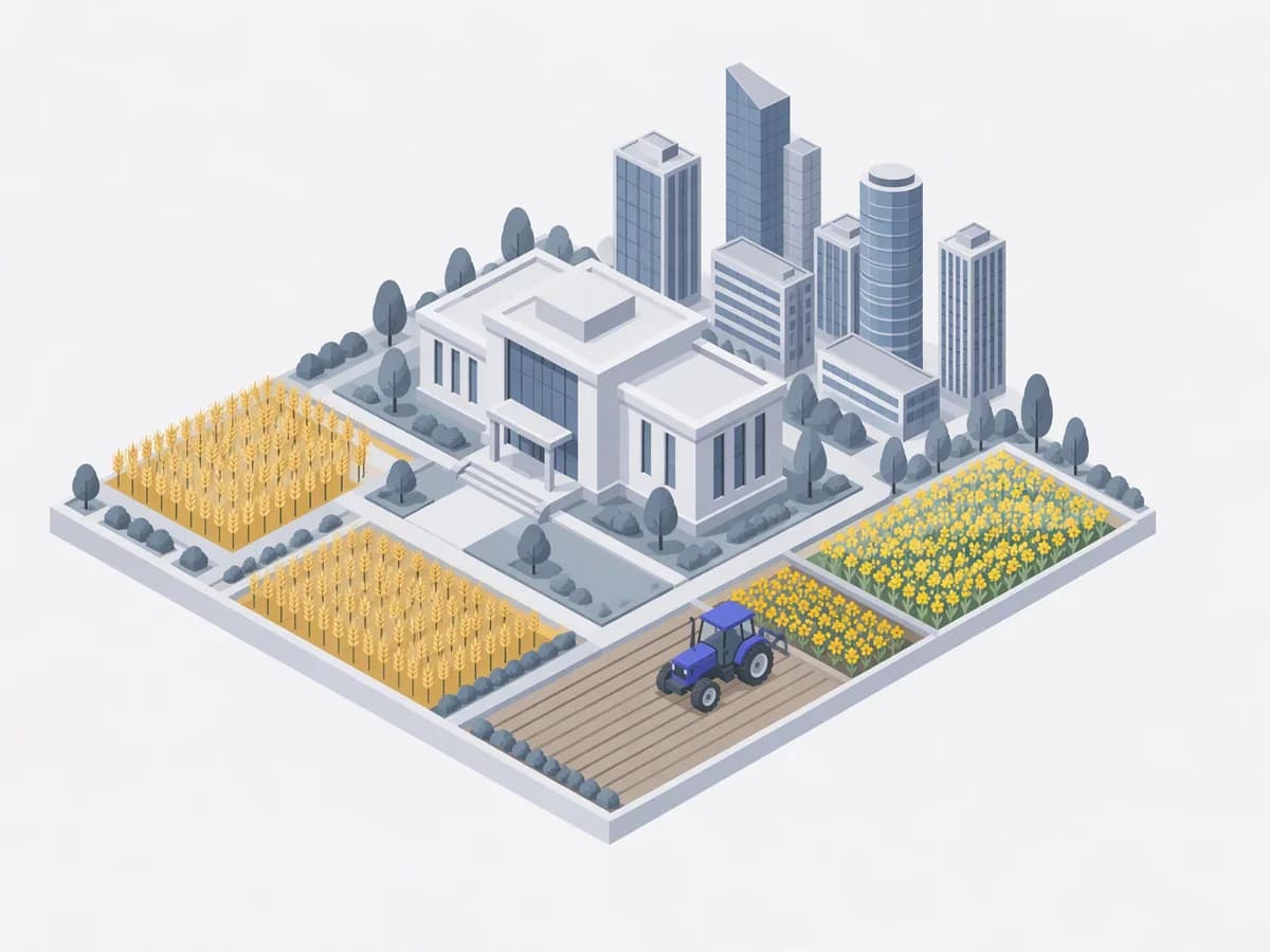 Isometric illustration for haryana: a registration office with homes between a glass-tower skyline and neat wheat farm plots with a tractor
