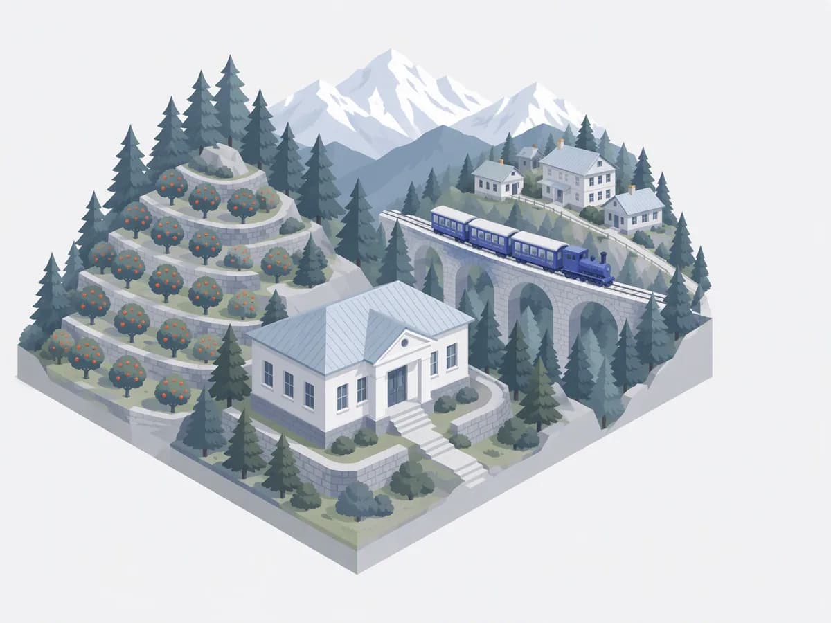 Isometric illustration for himachal pradesh: a registration office with tin-roof hill homes beside apple orchards, deodar forest and a toy train on a viaduct