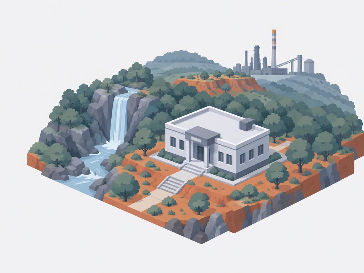 Isometric illustration for jharkhand: a registration office with homes on red soil beside forested hills, a waterfall and a distant steel-plant skyline