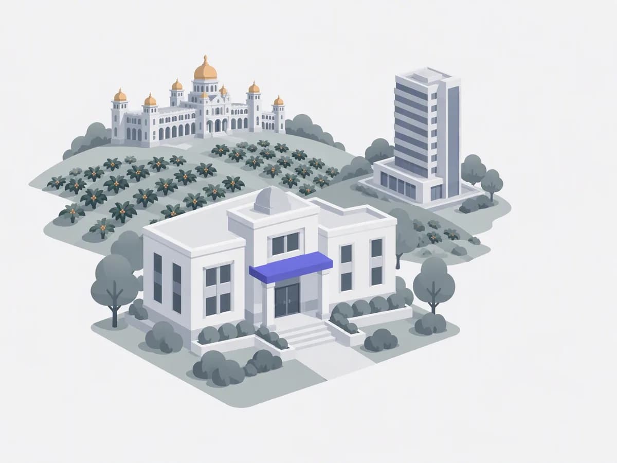 Isometric illustration for karnataka: a registration office with homes, coffee-shrub hills, a domed palace and a tech tower