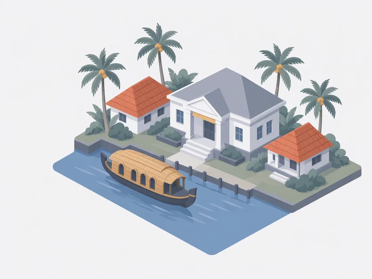 Isometric illustration for kerala: a registration office with red-tiled homes beside backwaters, a houseboat and coconut palms