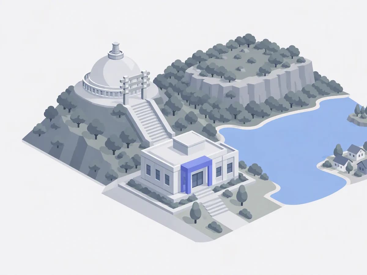 Isometric illustration for madhya pradesh: a registration office with homes beside a lake, a plateau forest and a hilltop domed stupa