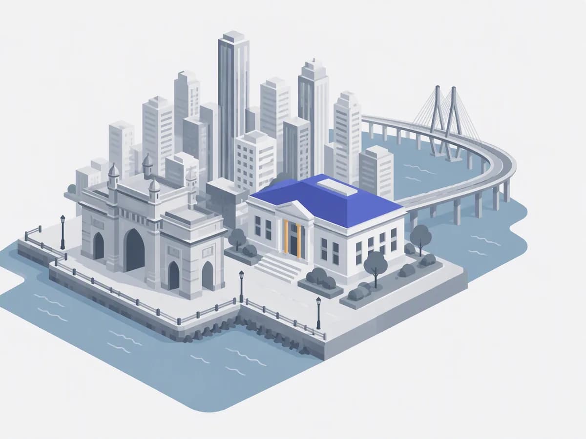 Isometric illustration for maharashtra: a registration office with homes beside a sea promenade, a stone arch gateway and a Mumbai-style skyline