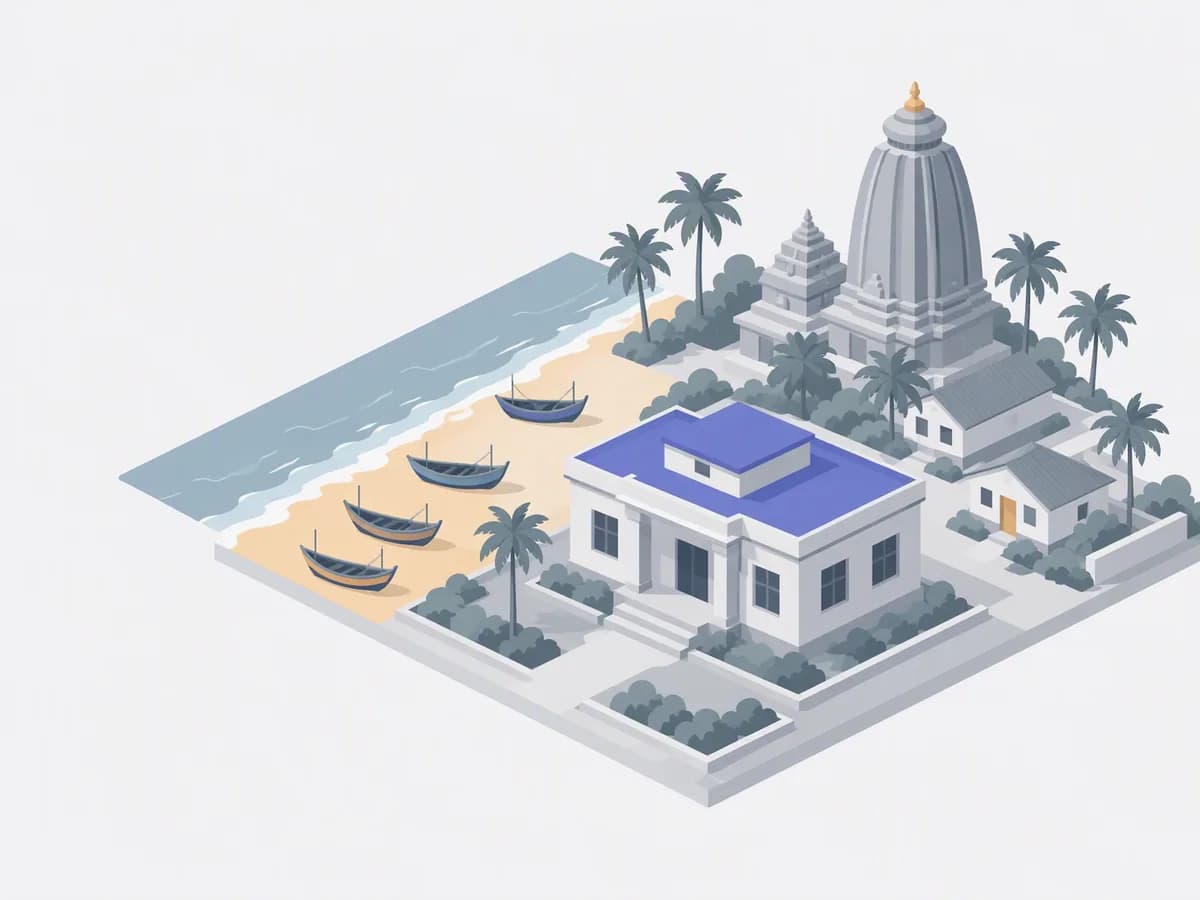 Isometric illustration for odisha: a registration office with homes beside a beach with fishing boats and a distant beehive-shaped temple tower