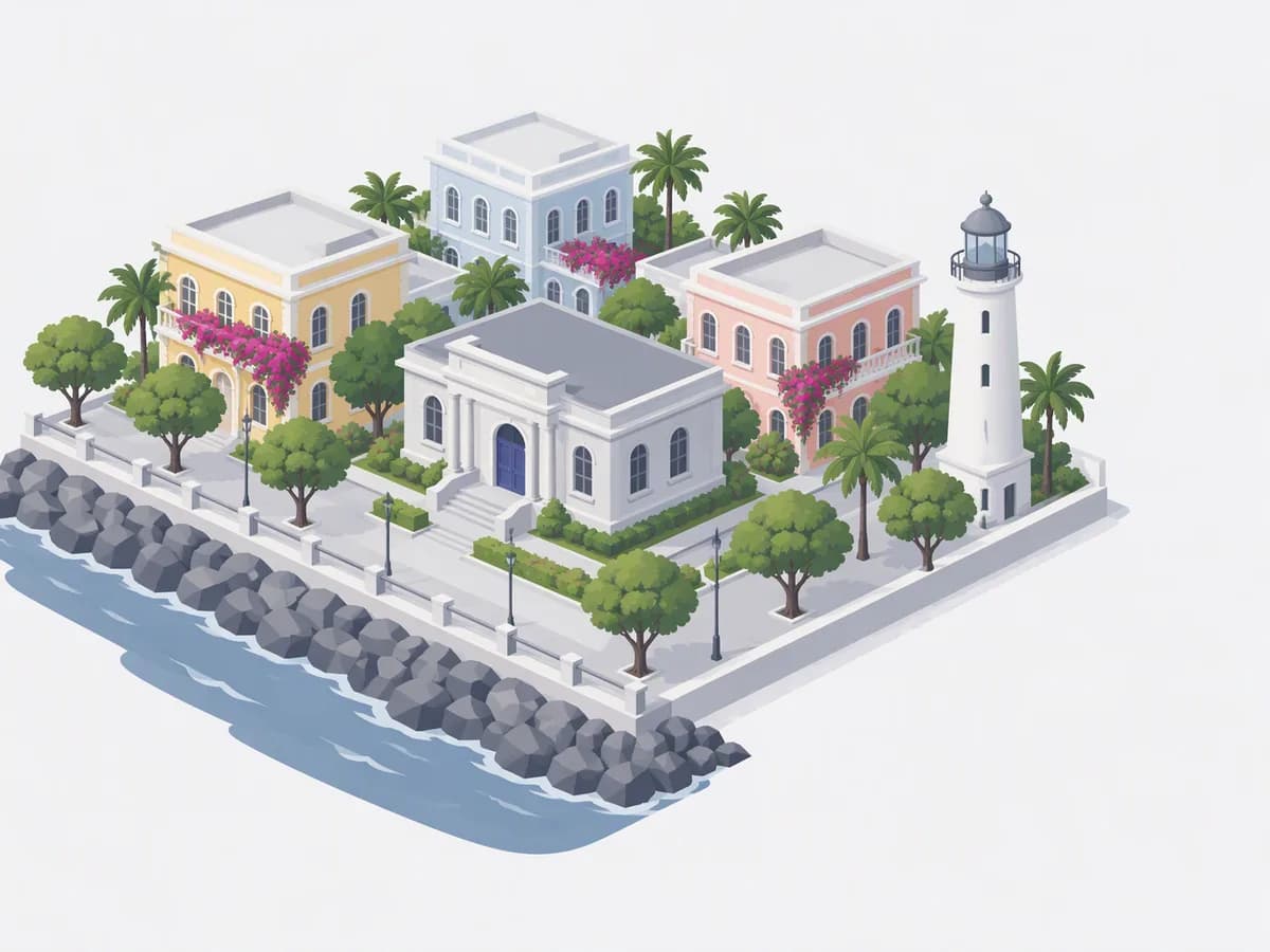 Isometric illustration for puducherry: a registration office with pastel French-colonial villas beside a rocky seafront promenade and a small lighthouse