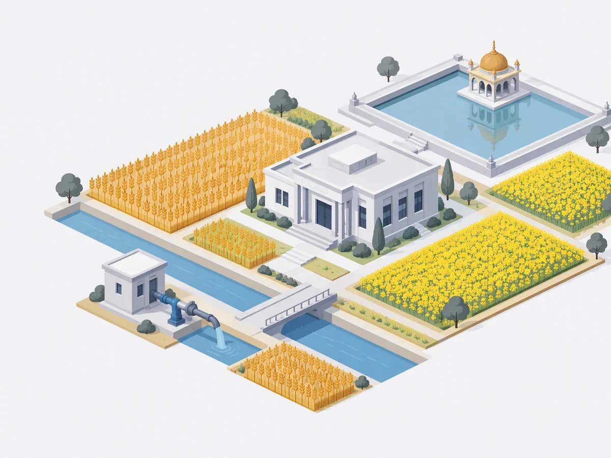 Isometric illustration for punjab: a registration office with homes beside golden wheat fields, a canal and a distant golden-domed pavilion in a pool