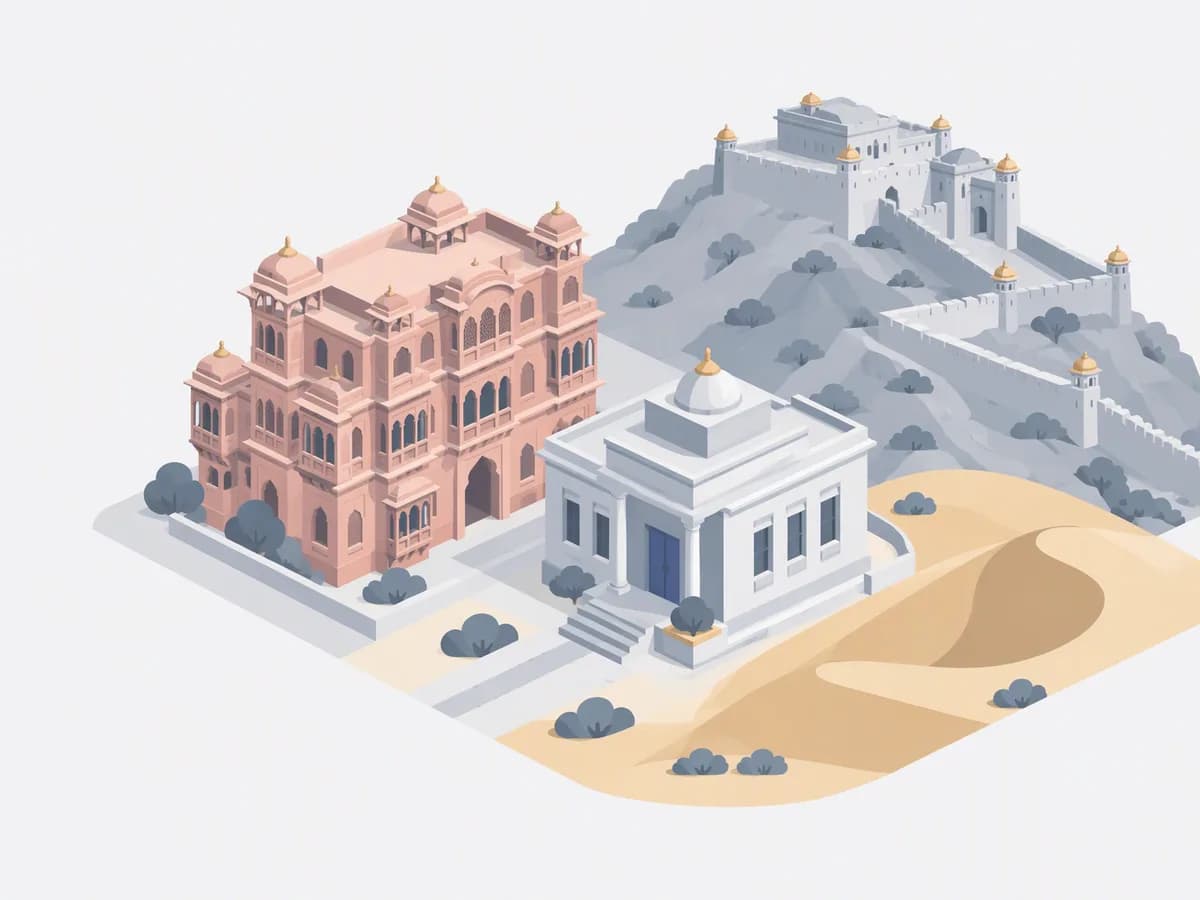 Isometric illustration for rajasthan: a registration office with sandstone havelis, a hilltop desert fort and sand dunes