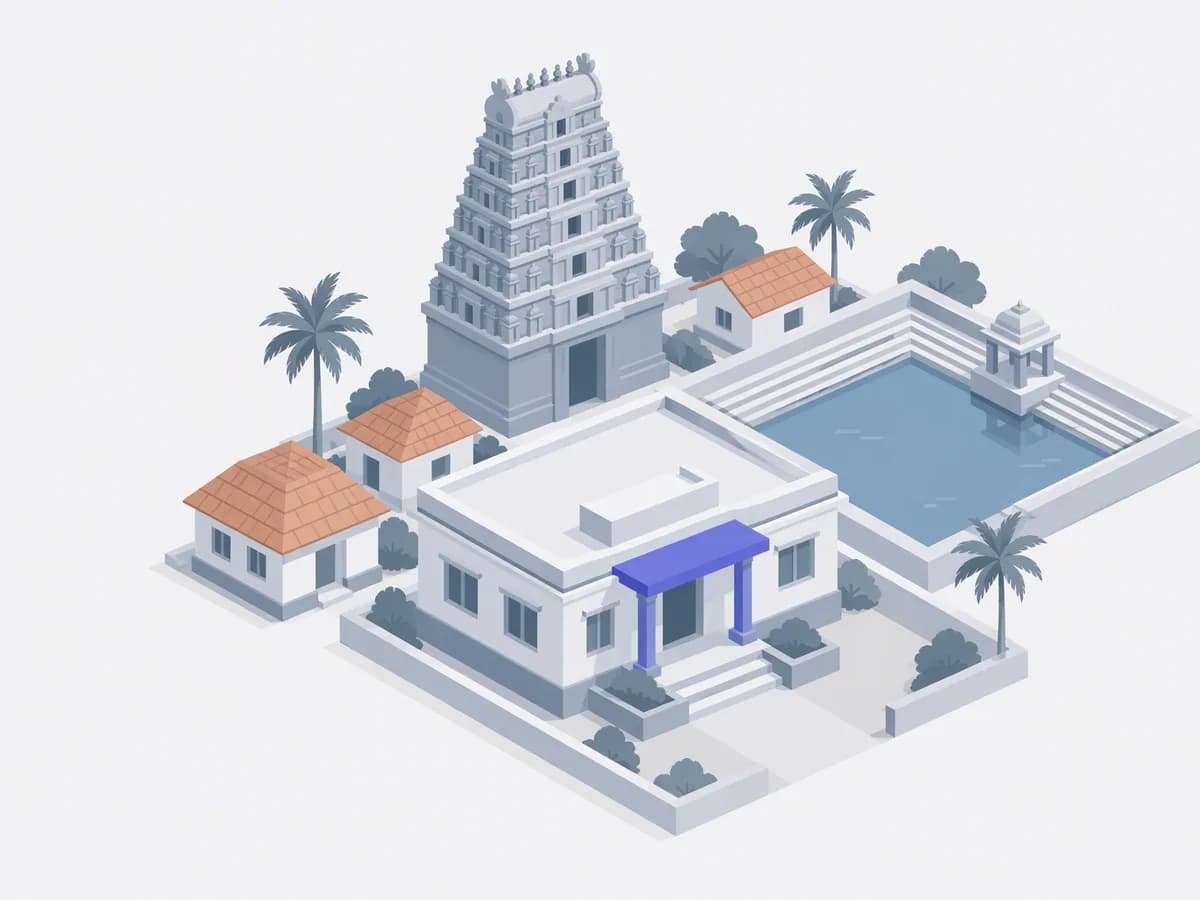 Isometric illustration for tamil nadu: a registration office with tiled-roof homes, palms and a distant tiered gopuram tower