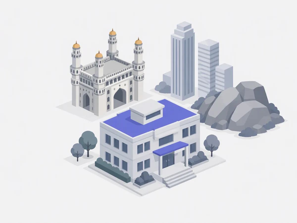 Isometric illustration for telangana: an isometric registration office beside homes, a granite outcrop and a four-minaret gateway silhouette