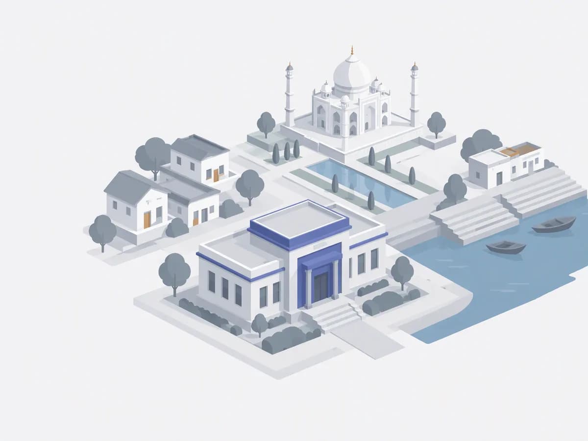 Isometric illustration for uttar pradesh: a registration office with homes beside a river with ghat steps and a distant white domed marble mausoleum