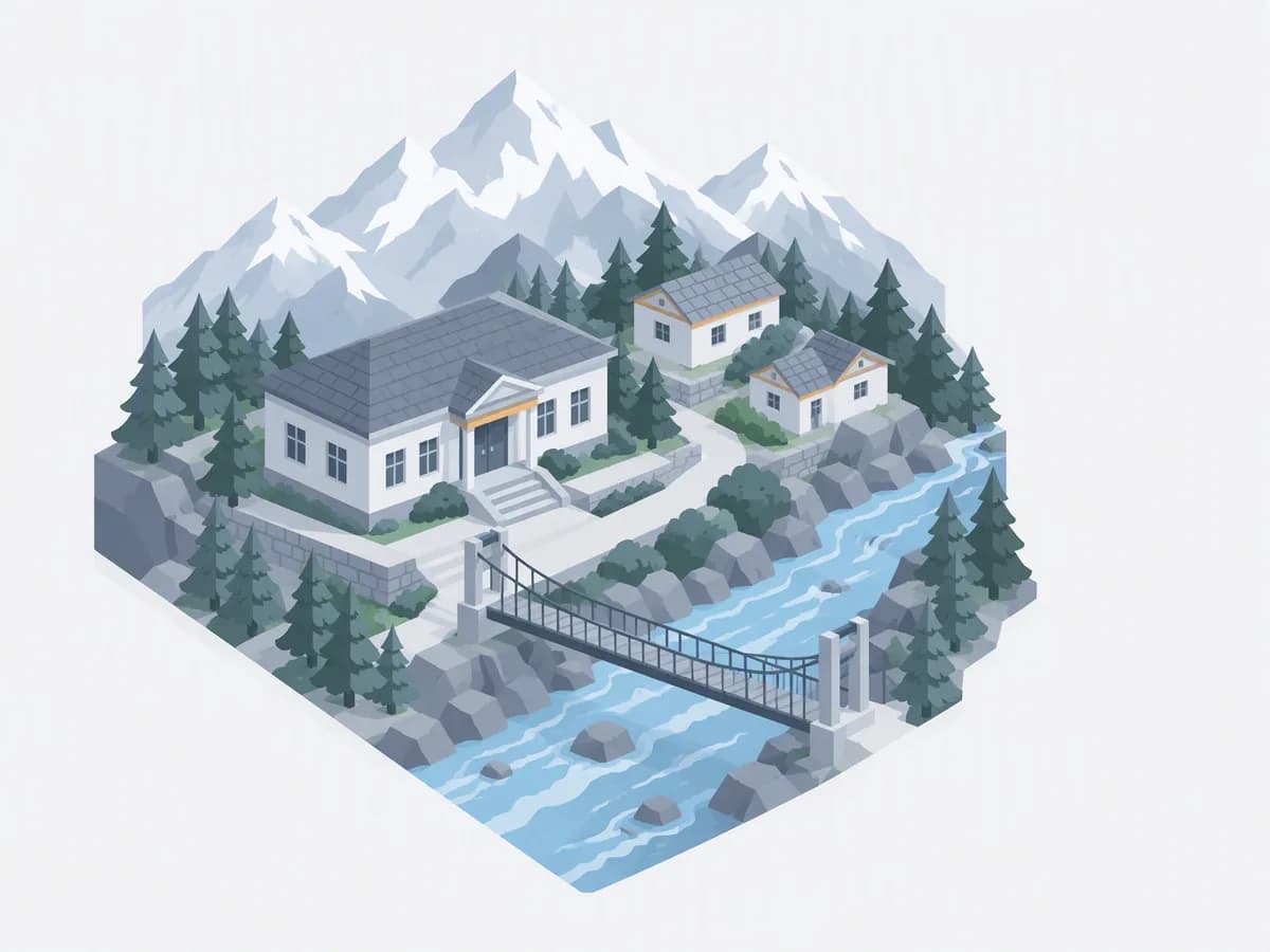 Isometric illustration for uttarakhand: a registration office with slate-roof hill homes beside a river with a suspension bridge, pine slopes and snow peaks