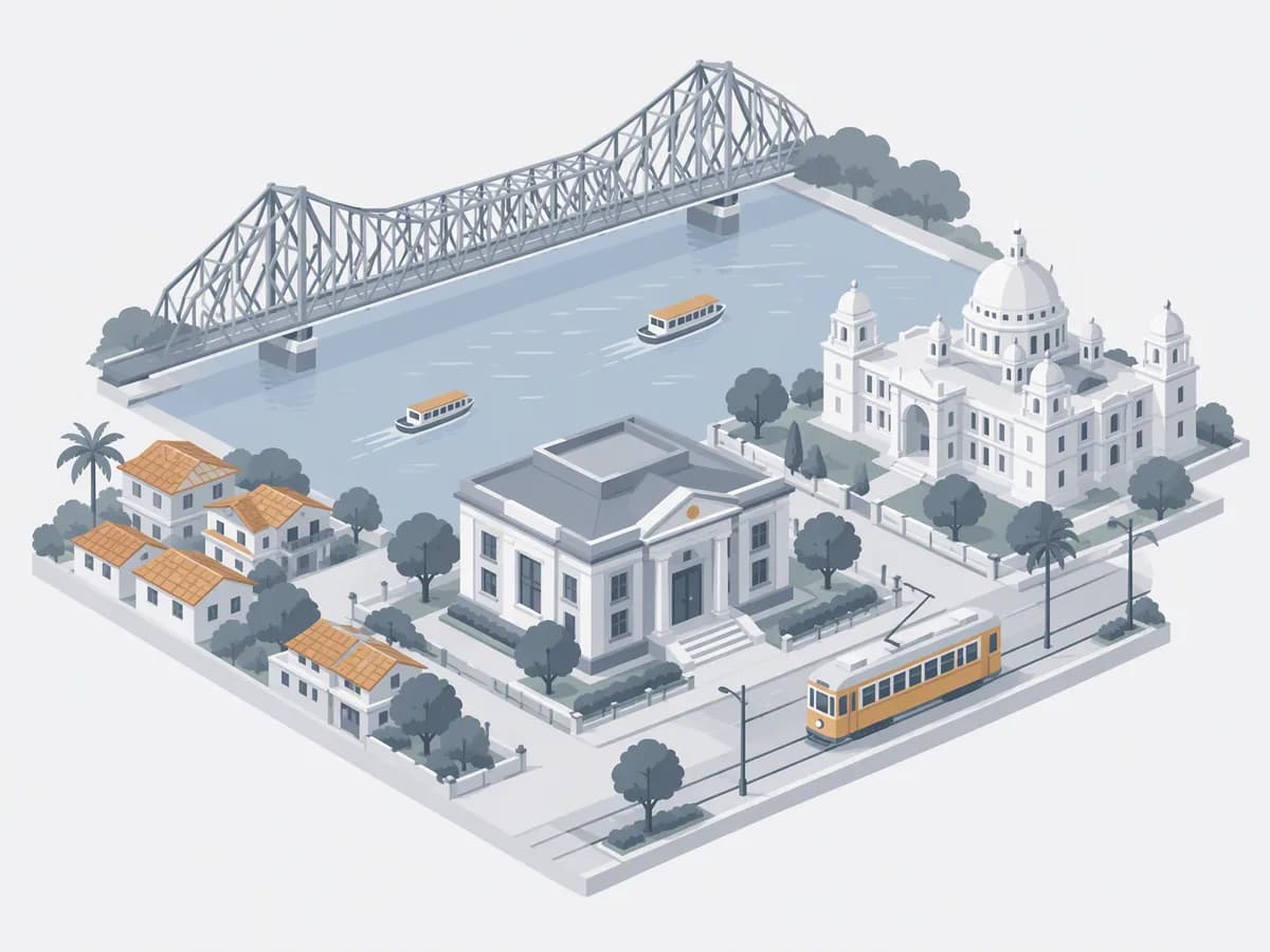 Isometric illustration for west bengal: a registration office with homes beside a river with boats, a steel bridge and a colonial domed hall