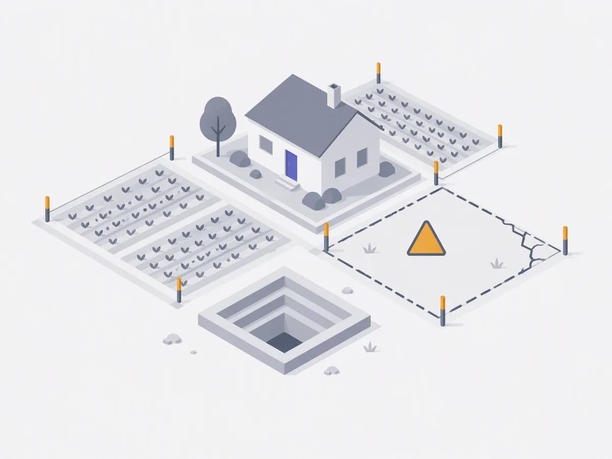An abstract illustration shows farmland, property papers, a key and scales representing land conversion checks.