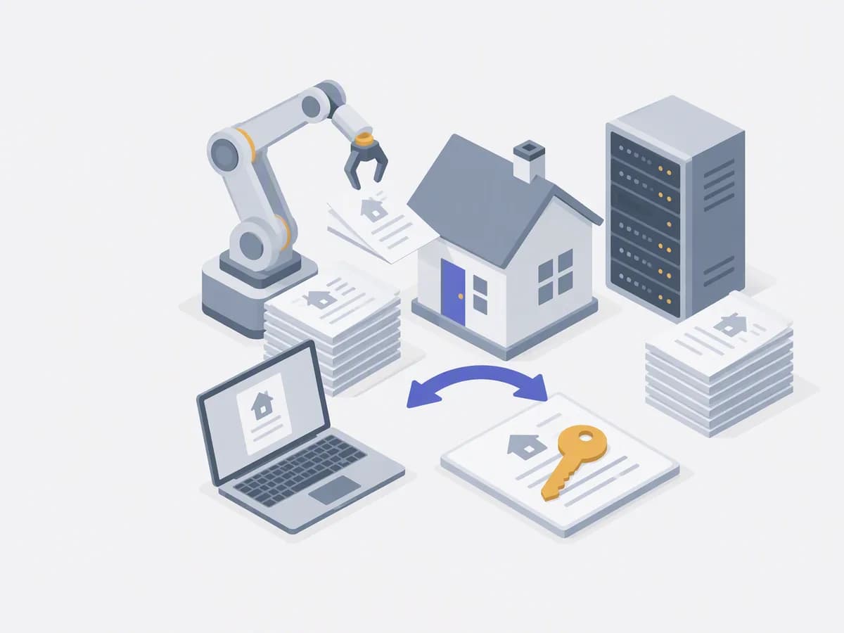 Isometric illustration of robotic arm sorting documents laptop stacks of title deeds server rack