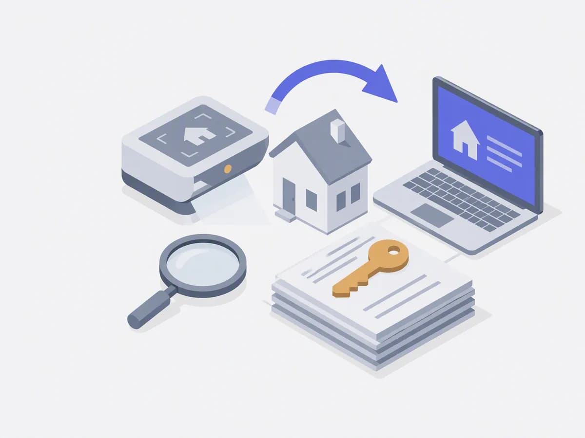 Isometric illustration of aI scanner device, magnifying glass, stack of documents, laptop