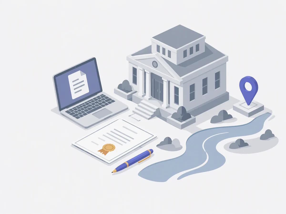 Isometric illustration of laptop with document icon, sealed certificate, pen, small plot marker