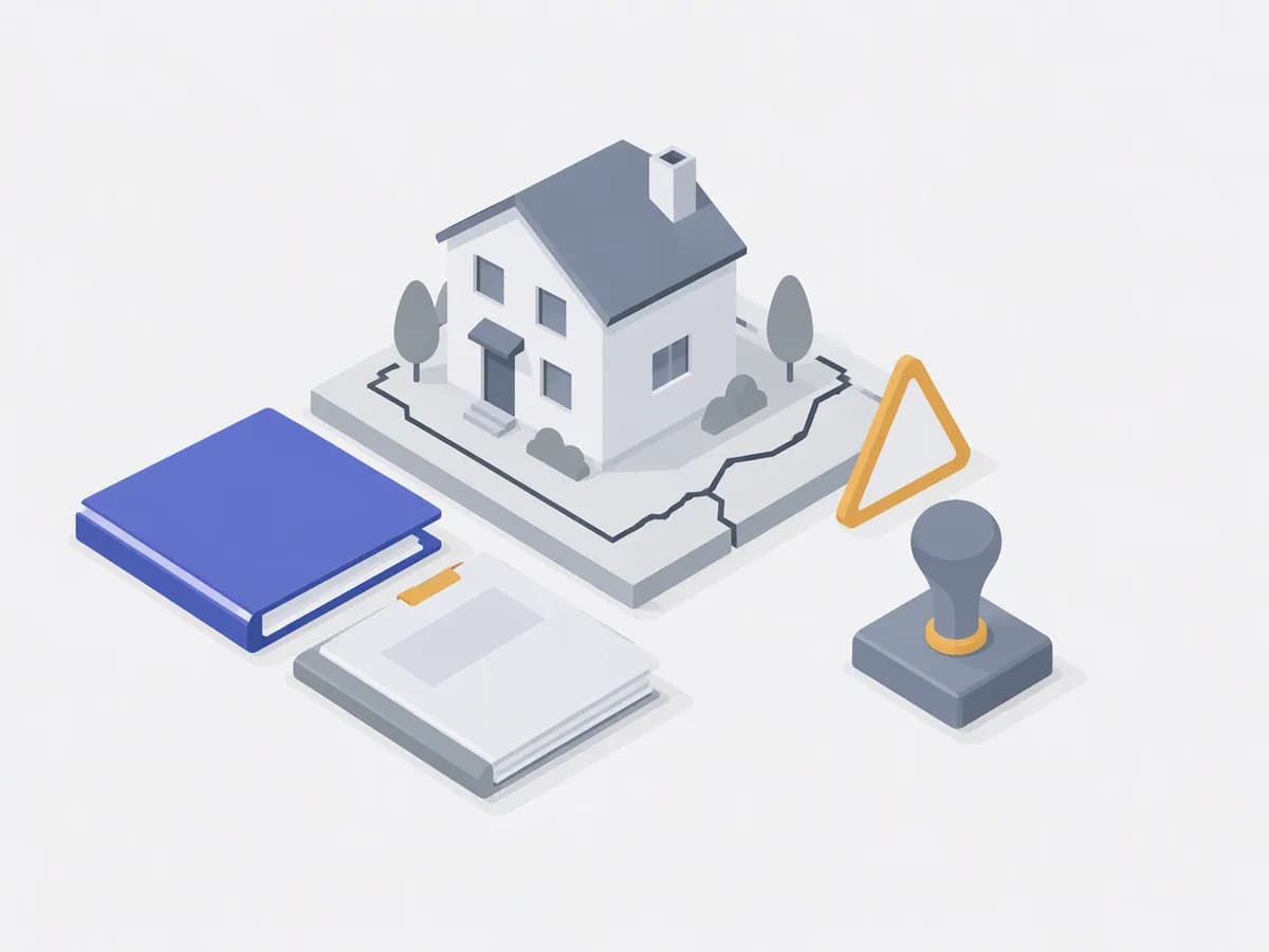 Isometric illustration of apartment model, blank completion certificate folder, construction permit file, stamp