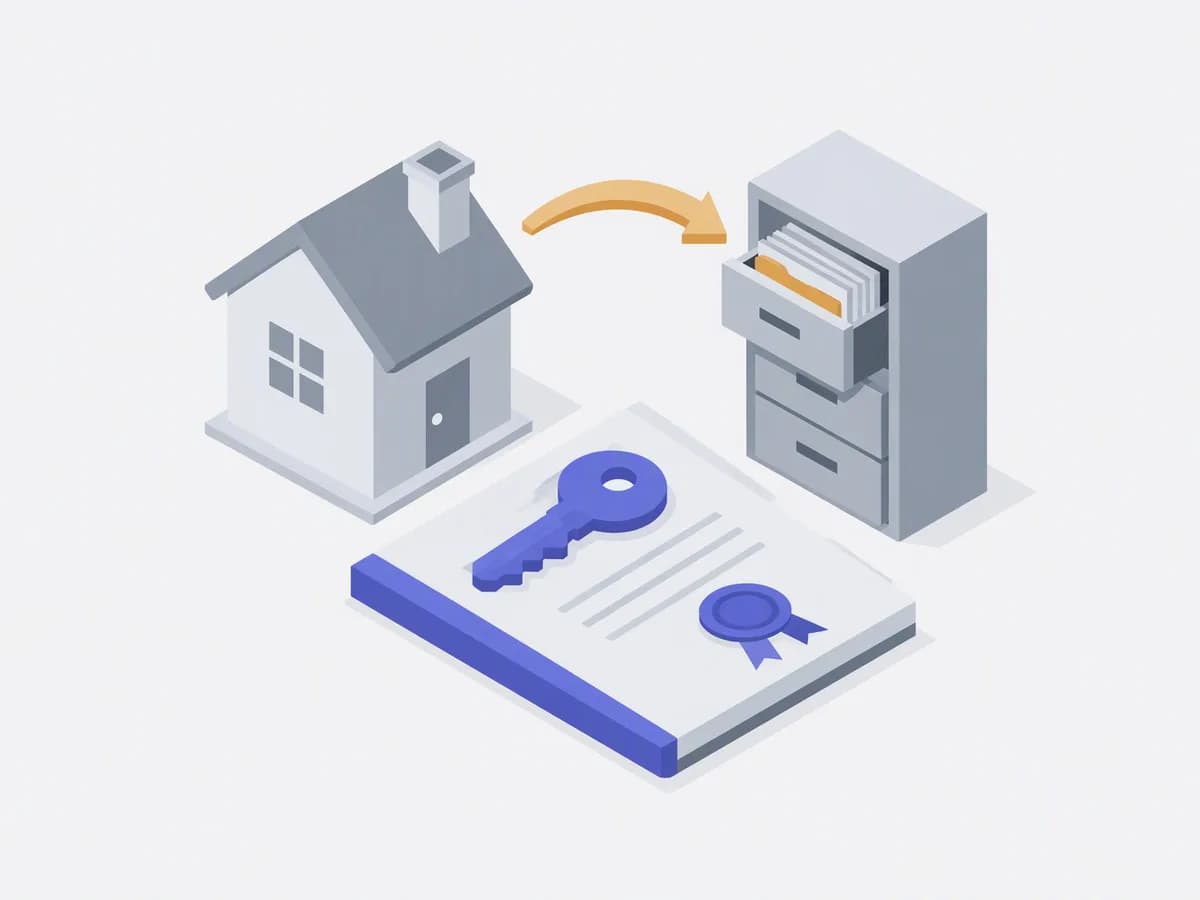 Isometric illustration of audit log ledger sealed file ink stamp office cabinet
