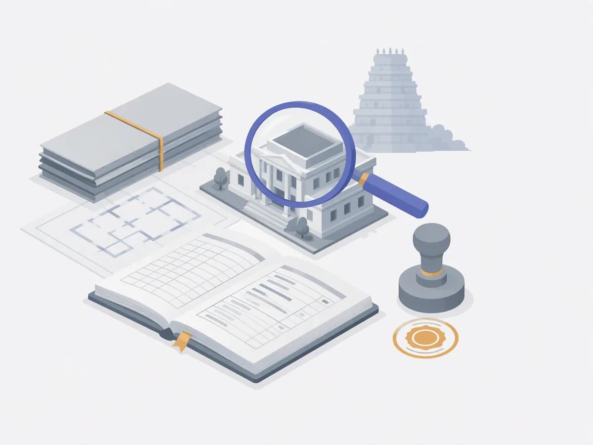 Isometric illustration of patta chitta bundle, local approval stamp, layout plans, registry office model