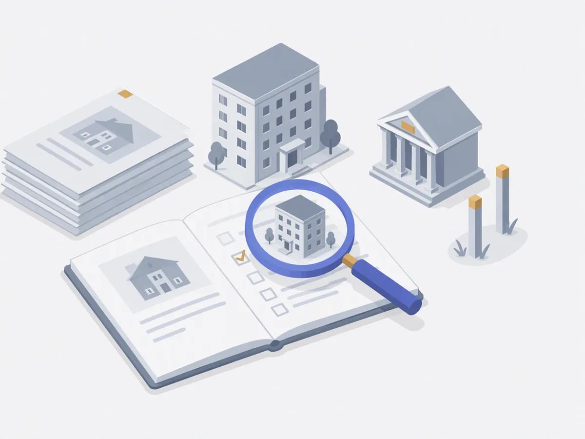 Isometric illustration of pile of papers, survey pegs, residential block, bank notice