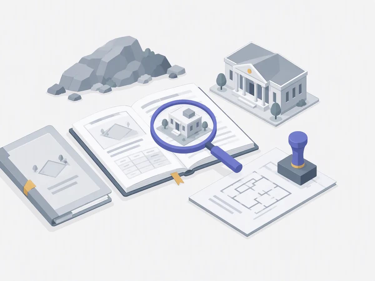 Isometric illustration of regional land record extract, occupancy certificate folder, layout approval stamp, registry office model