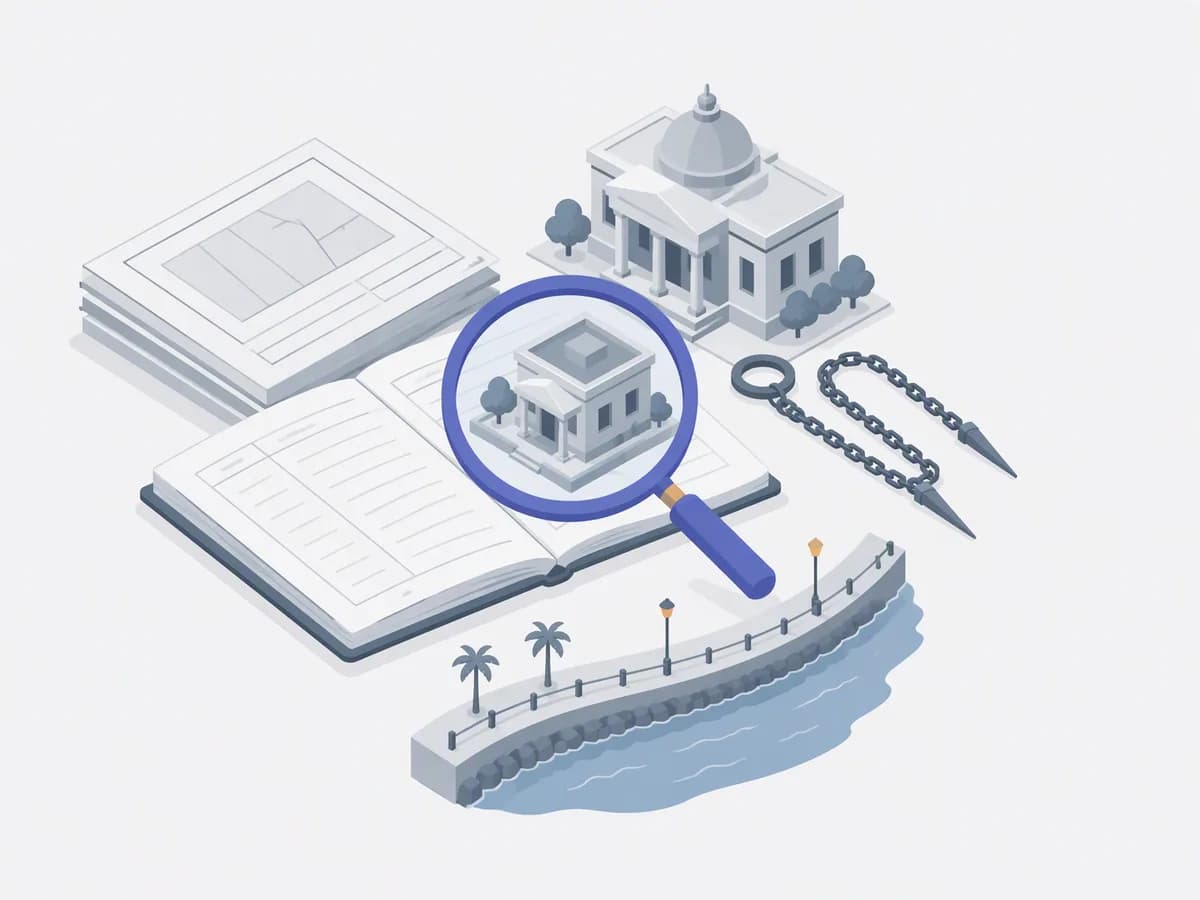 Isometric illustration of land extract papers, Gunthewari receipt, survey chain, municipal office model