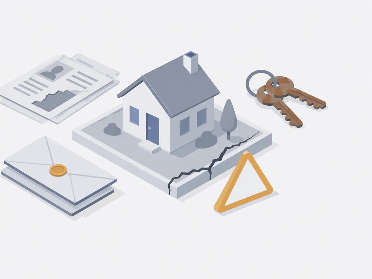 Isometric illustration of sealed envelopes, counterfeit documents, rusty keys, small residential house
