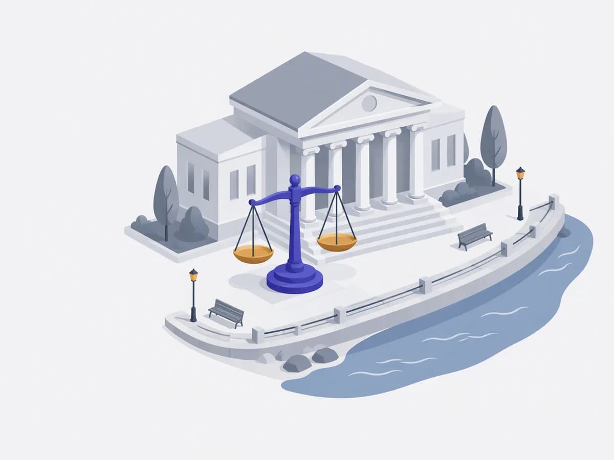 Editorial illustration of a classical courthouse facade with balanced scales in front of it