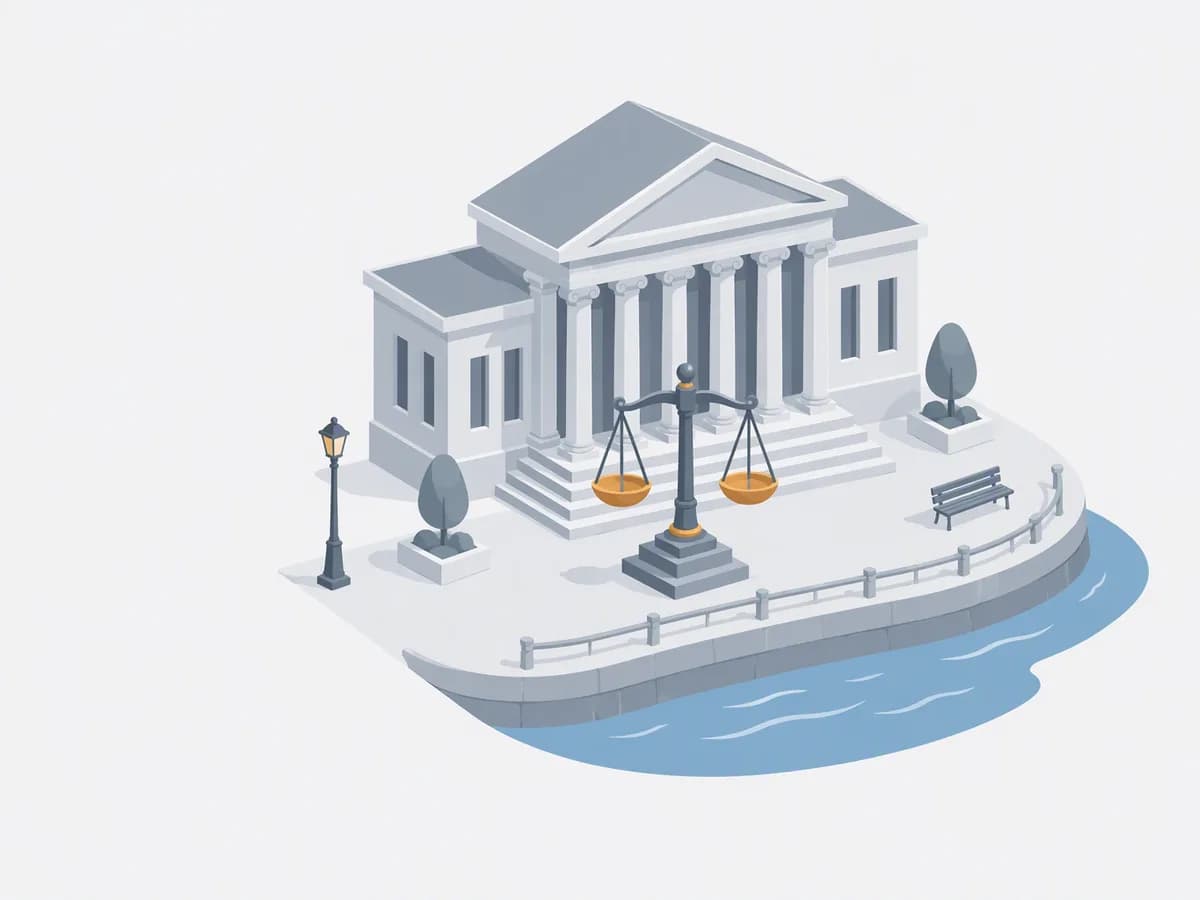 Editorial illustration of a classical courthouse facade with balanced scales in front of it
