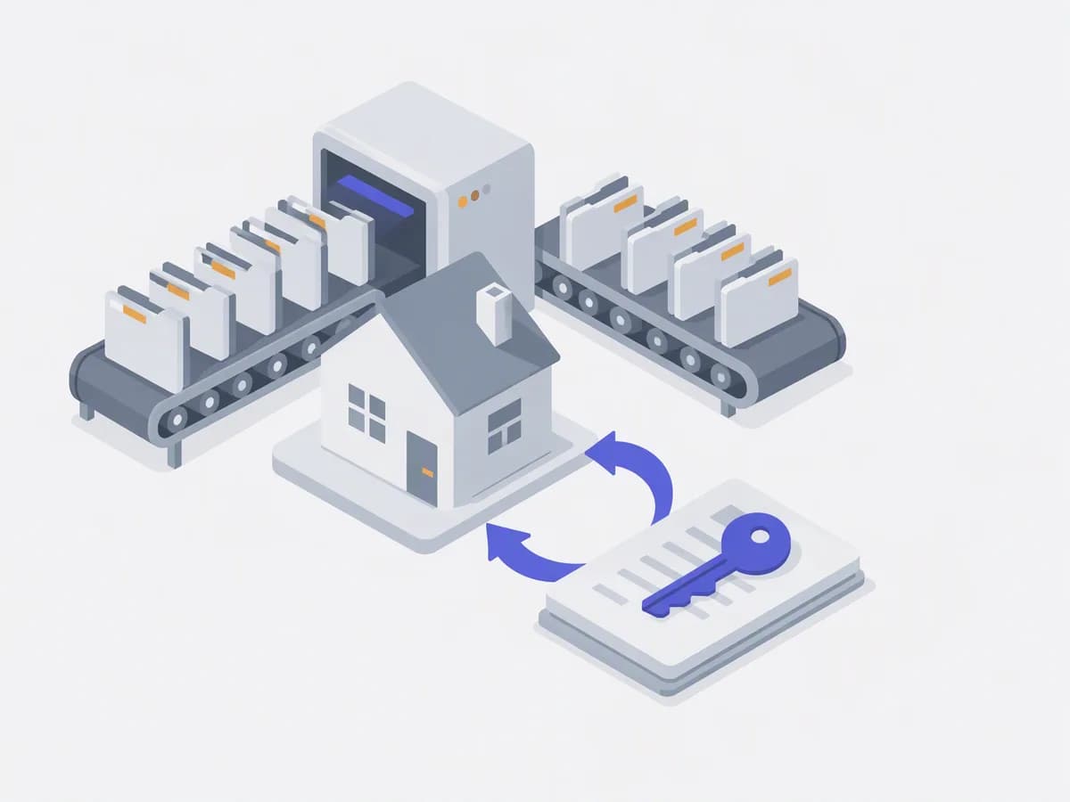 Isometric illustration of tall stacks of files conveyor belt scanner bank branch model