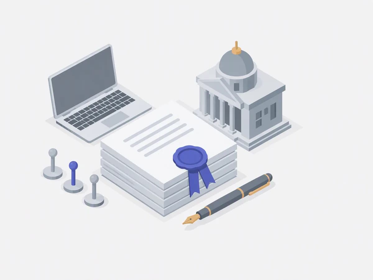 Isometric illustration of Stack of documents, laptop, survey pegs, small government building