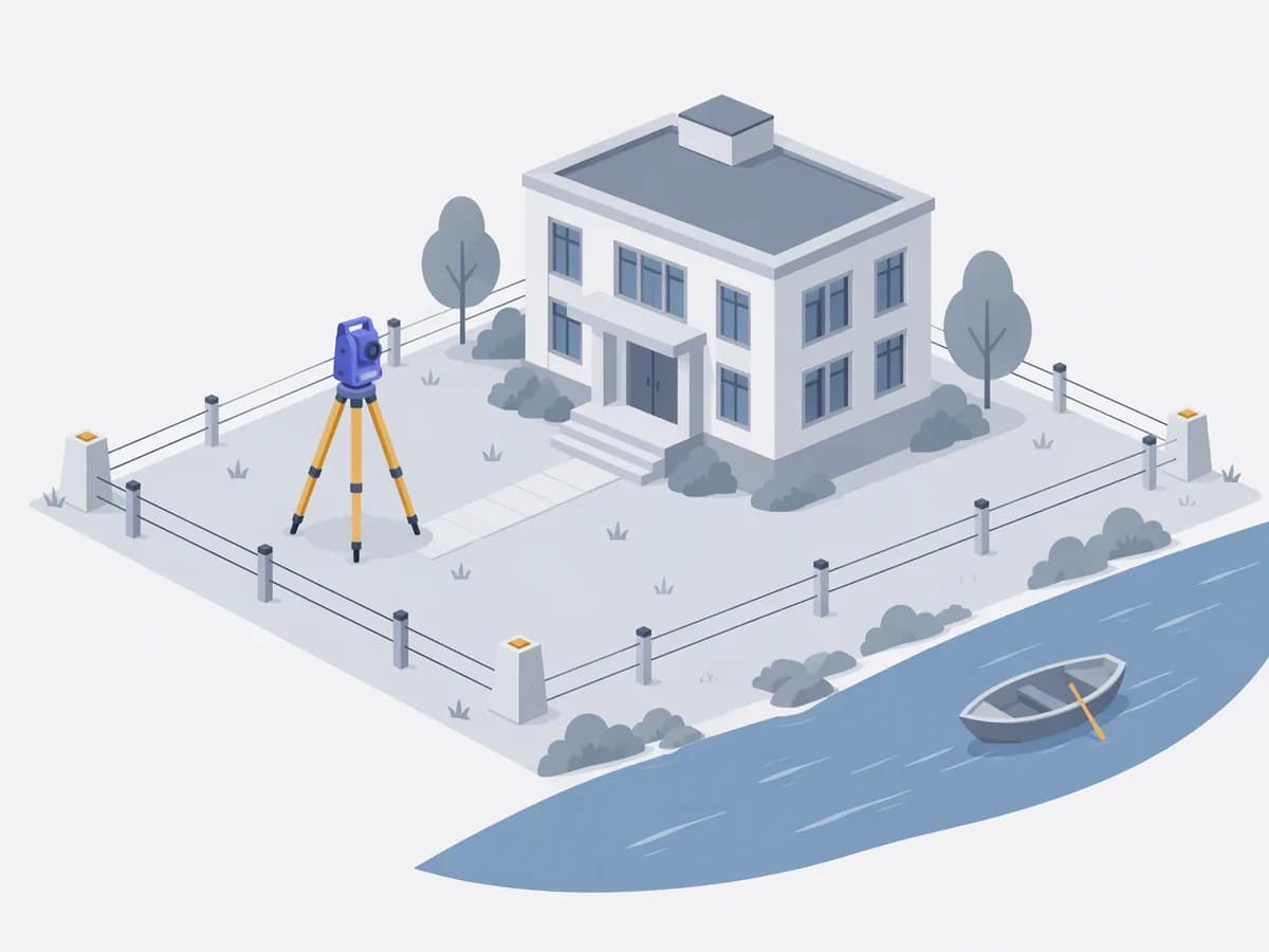 Editorial illustration of a surveyor's theodolite beside a fenced land plot and boundary stones