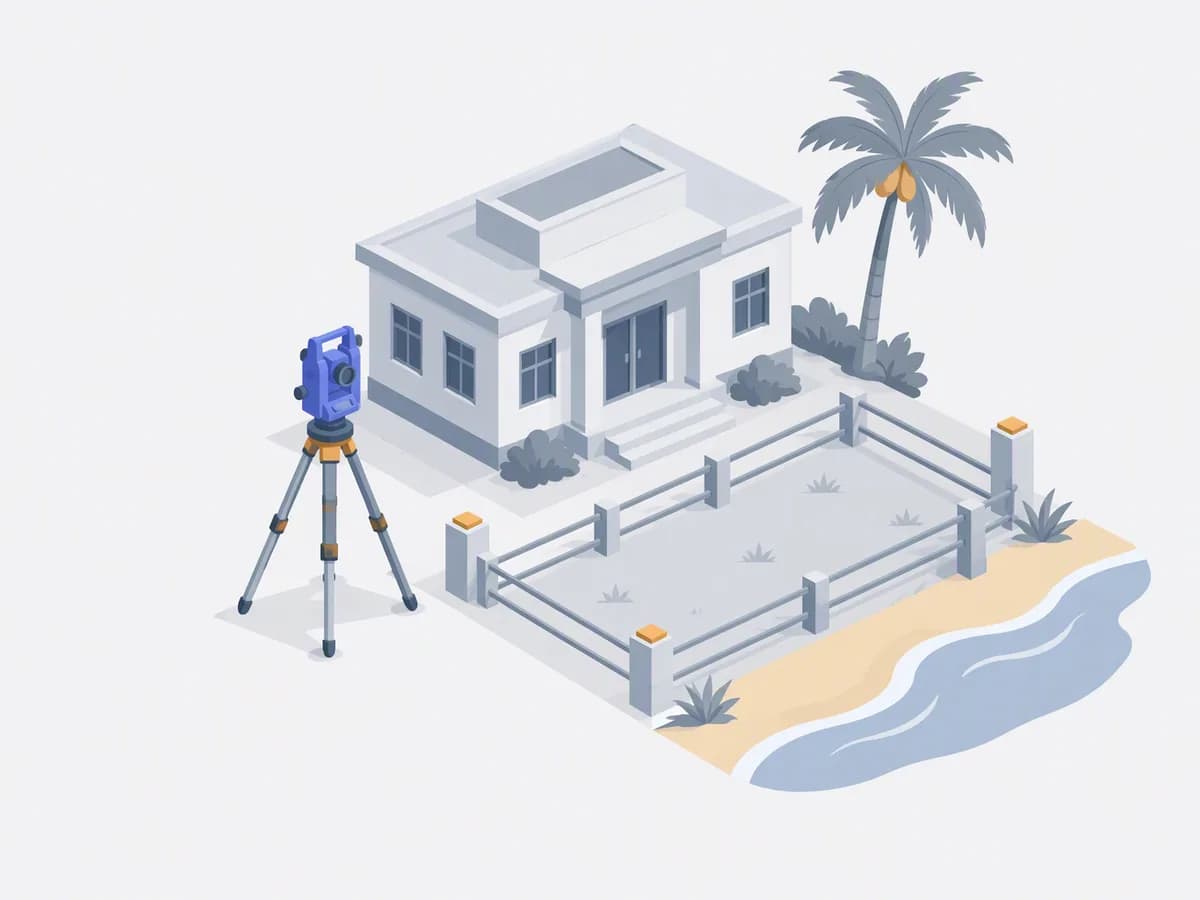 Editorial illustration of a surveyor's theodolite beside a fenced land plot and boundary stones