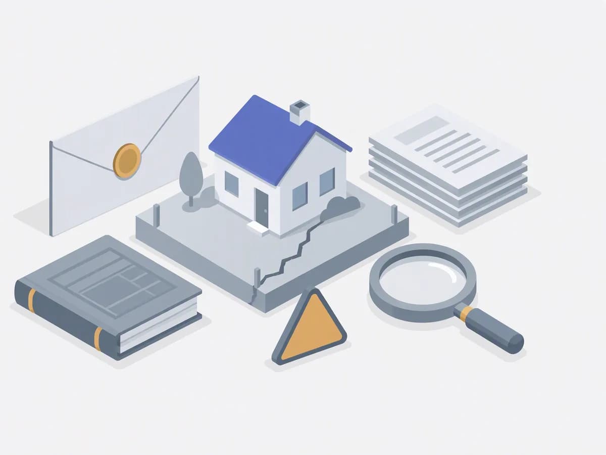 Isometric illustration of court notice envelope, stack of documents, magnifying glass, ledger