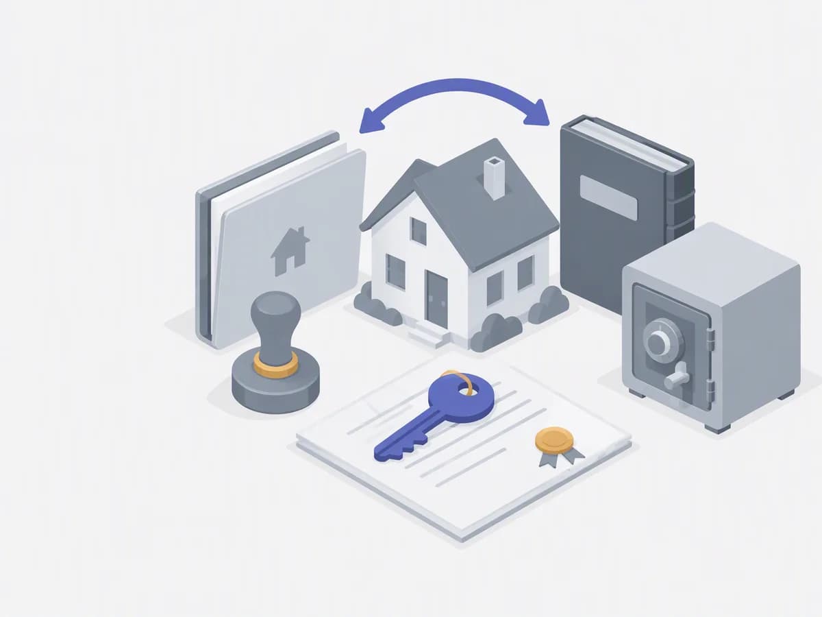 Isometric illustration of mortgage deed folder, bank seal, public mortgage registry ledger, safe deposit box