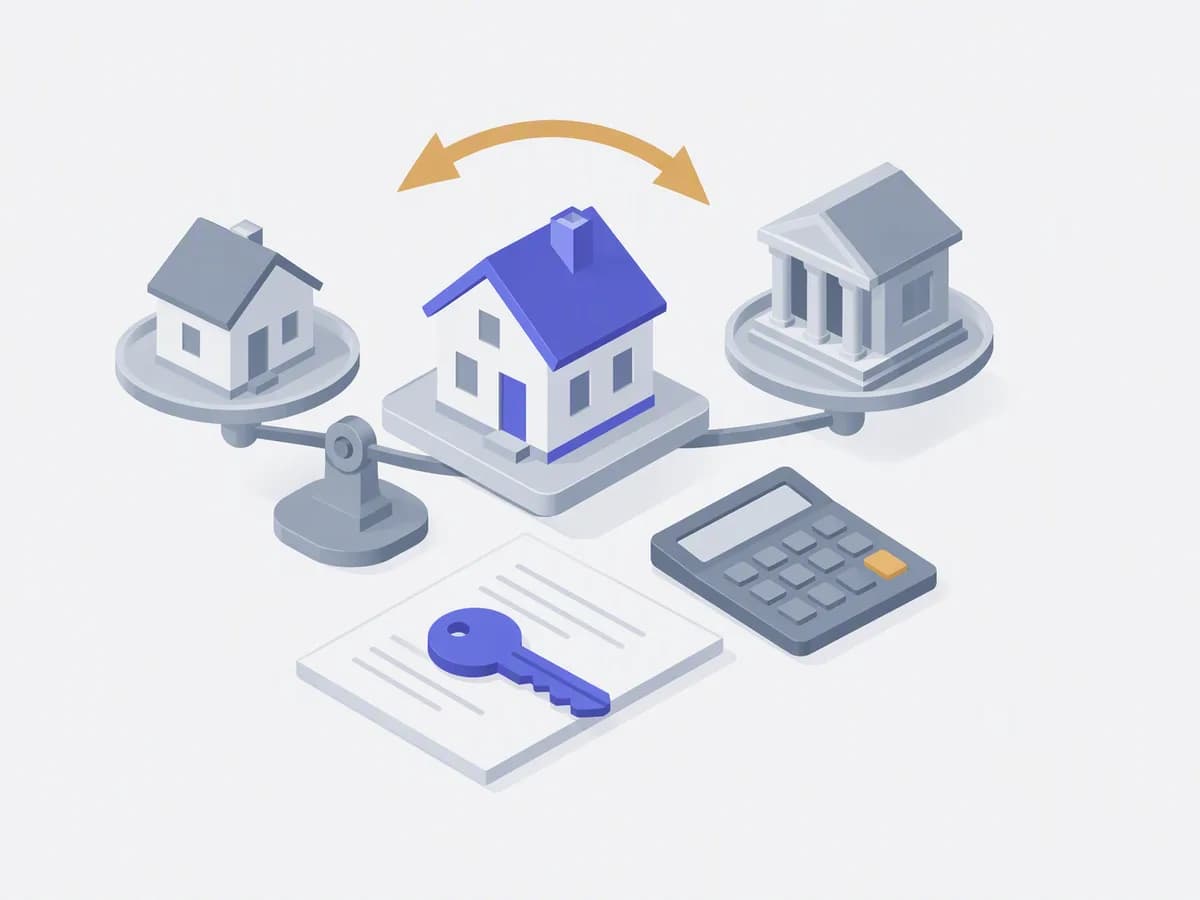 Isometric illustration of small house models on scales, calculator, bank building