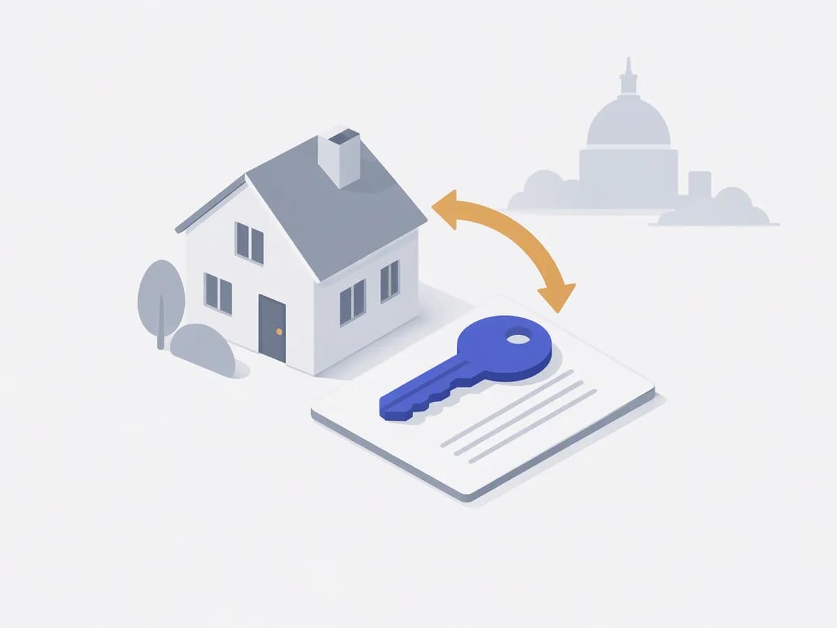 Editorial illustration of a house shape and a large key resting on a document, with a curved exchange arrow