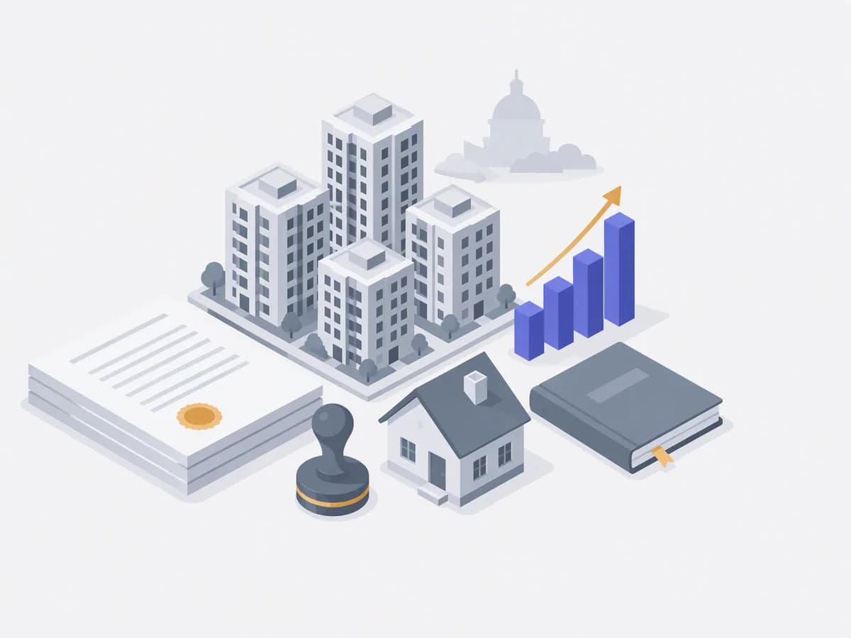 Isometric illustration of sale deed stack, municipal stamp, small house model, ledger book