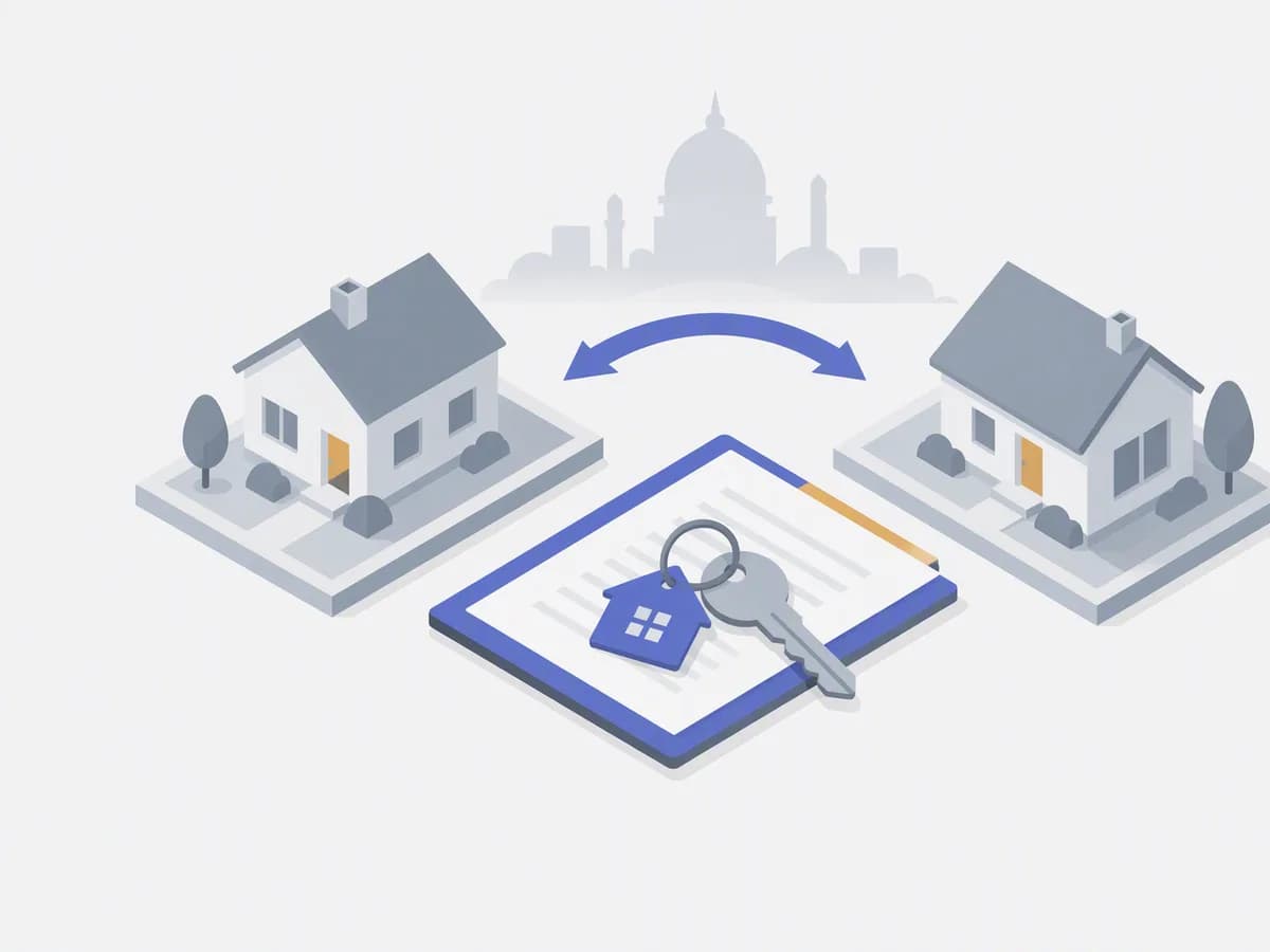 Isometric illustration of two house models on separate plots, lease deed folder, key ring