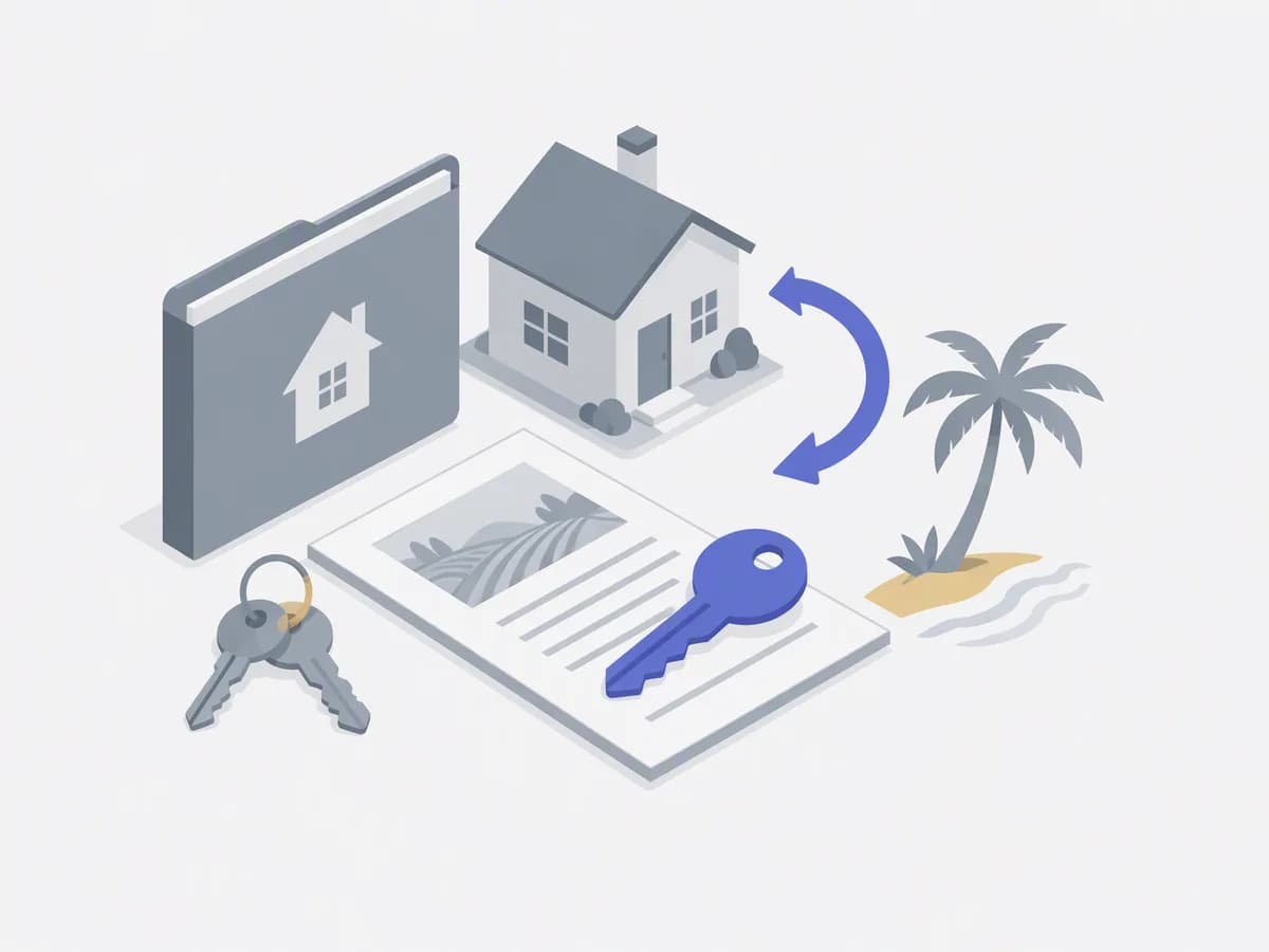 A folder of flat purchase papers with apartment keys beside a land record form.