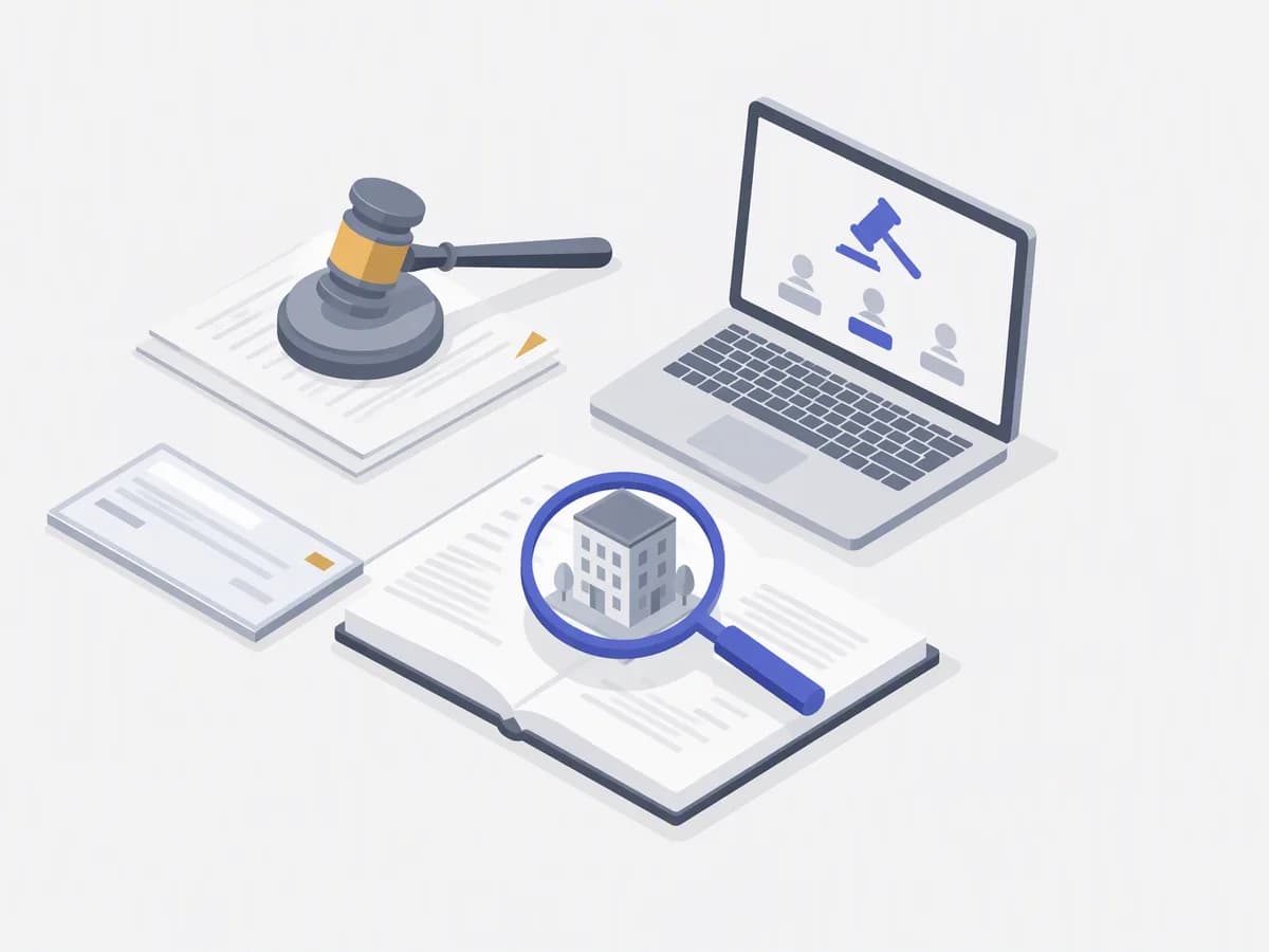 Isometric illustration of auction gavel on papers, deposit cheque, laptop bidding screen