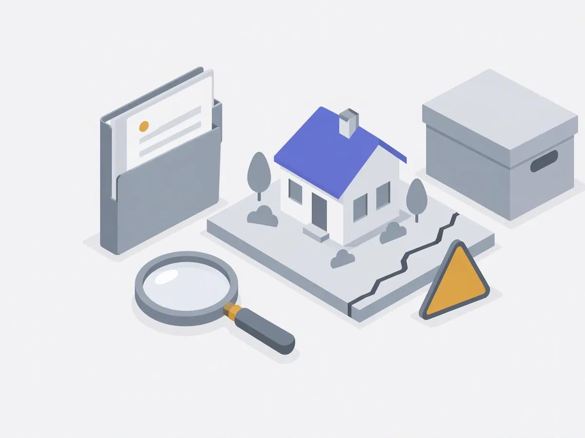 Isometric illustration of encumbrance certificate file, blank dated page, magnifying glass, archive box